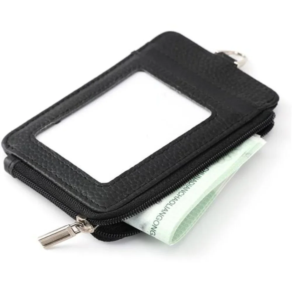 Genuine Leather id Badge Holder with Zipper Pocket,Vertical Lanyard Wallet,id